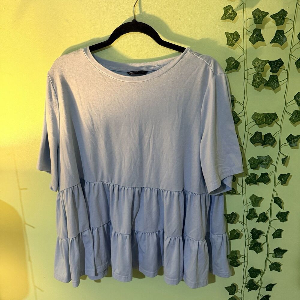 Women's Blue Knit Peplum Top Tiered Ruffle Hem Stretch Round Neck Pullover 8